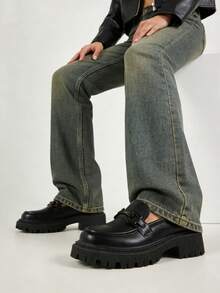 女士厚底黑色乐福鞋，时尚金属搭扣装饰，圆头休闲鞋，纯色复古百搭通勤鞋，增高厚底玛丽珍度假鞋 - 黑色 - 查看 6