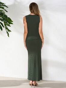 Elegant Women's Sleeveless Ribbed Knit 2-Piece Set, Including Button-Front Cardigan Top And High-Stretch Mini Skirt - Army Green - View 2