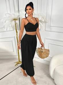 AIJ Amarilo Casual Vacation Sexy Adjustable Bow Tie Blouse Paired With Loose Adjustable Waist Wide Leg Pants With Pockets Black - Black - View 4