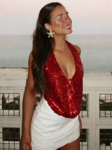 Women Halter Neck Sequin Tank Tops Sparkly Glitter Backless Cowl Neck Drape Front Camisoles Plunge Vests Summer Sleeveless Deep V-Neck Party Tops Vacation Beachwear Mermaid Costumes Clubwear - 紅色 - 查看 2