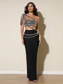 LOVE Aing 女士黑色优雅连衣裙，中东奢华名人手工水晶性感露背两件套礼服，适合生日、正式晚宴、派对、宴会、春季婚礼等场合。 - 黑色 - 查看 4