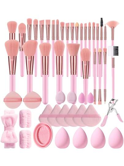 51PCS Makeup Tools Set Including:30PCS Makeup Brush Set+2PCS Air Cushion Powder Puff+2PCS Mini Air Cushion Powder Puffs+2PCS Mini Makeup Sponges+6PCS Triangle Powder Puffs+1pc Eyelash Curler+4PCS Makeup Sponges+1pc Makeup Brush Cleaning Tools+2PCS Hand Bowl Strap+1pc Hairband,All-In-One & Beginner-Friendly | Travel-Ready & Gift-Ready | Perfect For Newbies/Her