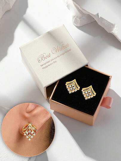 一对几何立方氧化锆耳钉，金色闪亮水晶吊坠耳环，装饰艺术风格，适合派对、婚礼、节日礼物