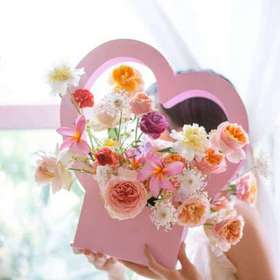 2 piezas Cesta de flores con forma de corazón, bolsa de regalo de flores de mano, caja de flores, bolsa de papel de flores plegable, bolso de jarrón de ramo de flores, bolsa de regalo para el Día de la Madre, bolsa de regalo sorpresa, suministros de regalo para el Día de la Madre, boda y cumpleaños