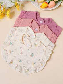 3/4pcs Baby Rose & Tulip Print Bibs With Ruffle Trim, Solid Color Soft Drool Bibs - Multicolor - View 3