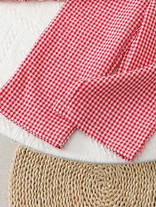 Young Girl 2pcs Set Fashion Casual Red & White Color Block Plaid Non-Stretch Spaghetti Strap Square Neck Pullover Top With Matching Elastic Waist Straight Leg Pants, Daily Casual, Weekend Outings, School Daily Wear Summer Girls Pants Set - Red and White - View 5