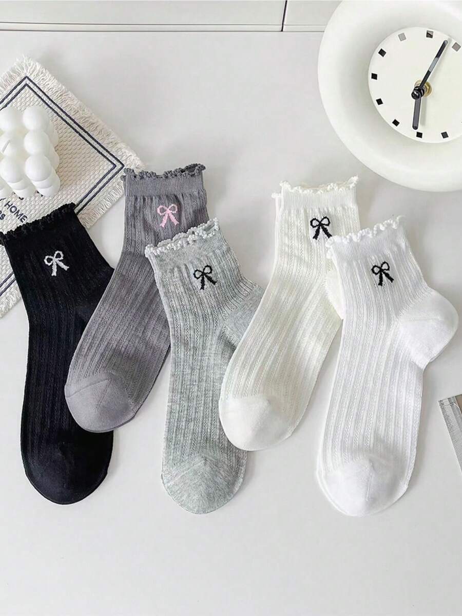 5双装女士白色竖条纹荷叶边短袜,时尚简约柔软透气吸湿短袜,公主风,适合生日派对、居家、四季穿着,颜色随机 - 彩色 - 查看 1
