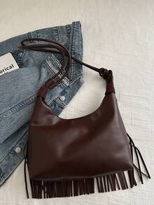 1 Stück neue Wildleder matte Damen Umhängetasche, modische Quasten Umhängetasche, retro Große Kapazität matte Halbmond Tasche, Pendler & Lässig vielseitige Umhängetasche, Kontrastfarbener Reißverschluss, verstellbarer Riemen, geeignet für Ausflüge, Dates, Einkaufen, Arbeit, Geschäft, Reisen, Geschenk - Kaffeebraun - Übersicht 4