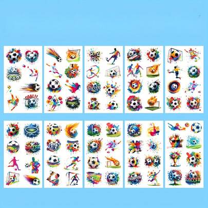 Bộ 10 miếng/1 miếng hình xăm dán tạm thời hình vẽ graffiti bóng đá nhiều màu sắc - Chống thấm nước và dễ dán, thiết kế chủ đề bóng đá sống động, phù hợp cho người hâm mộ, cổ động viên và những người đam mê thể thao, phụ kiện bóng đá, hàng hóa dành cho người hâm mộ, thiết kế năng động, hình dán có thể tháo rời (kiểu ngẫu nhiên)