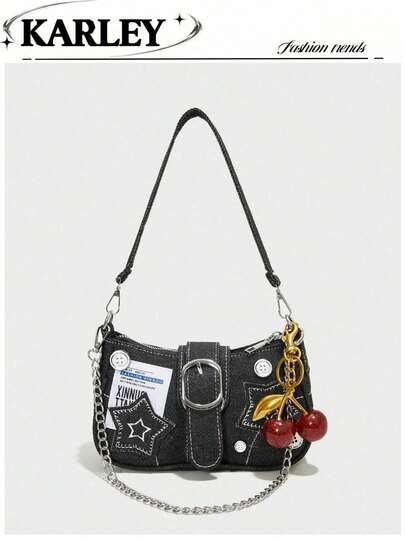 复古Y2K风格撞色星星链条斜挎包，适合女孩、女士、学生、上班族、通勤族、学校郊游等场合。