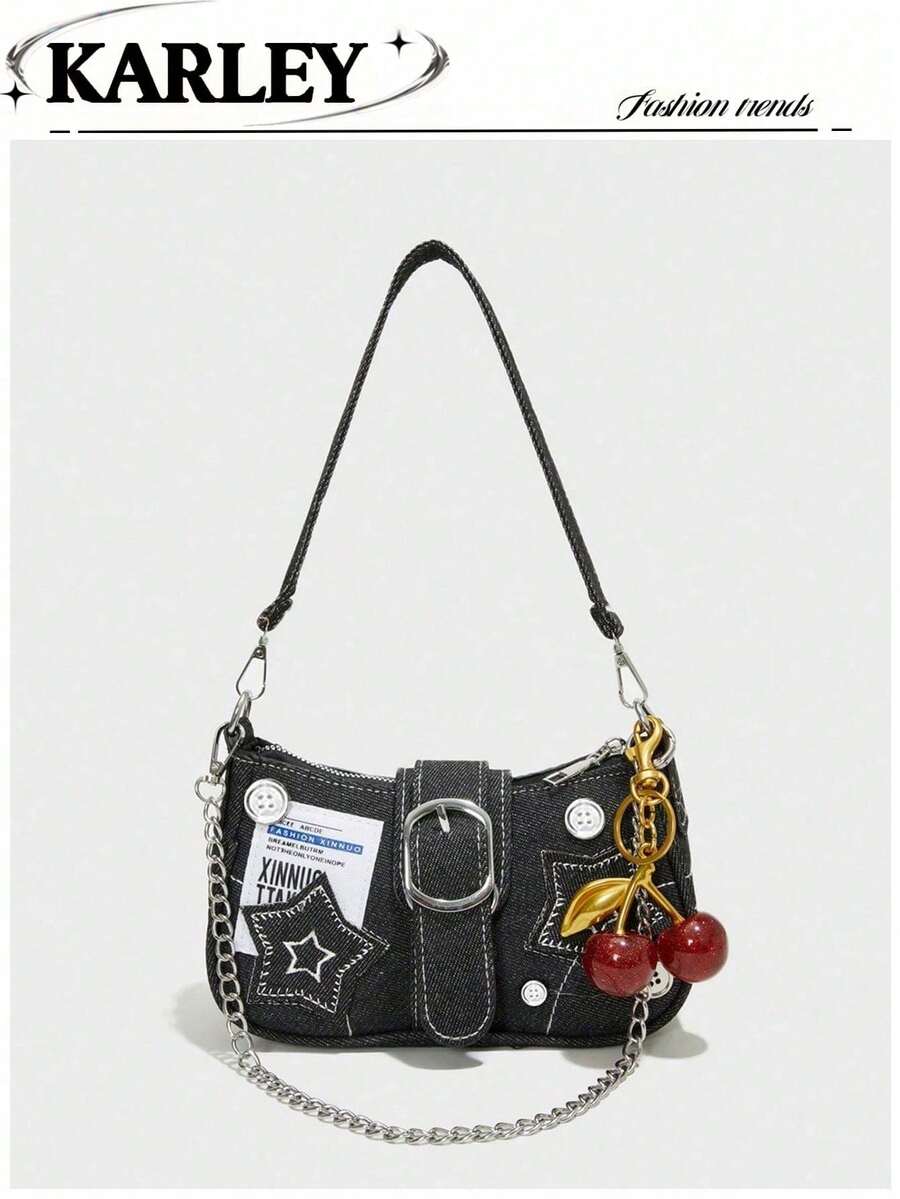 Retro Y2K Style Colorblock Star Chain Crossbody Bag, Suitable For Girls, Women, Students, Office Workers, Commuters, School Outings - Black - View 1