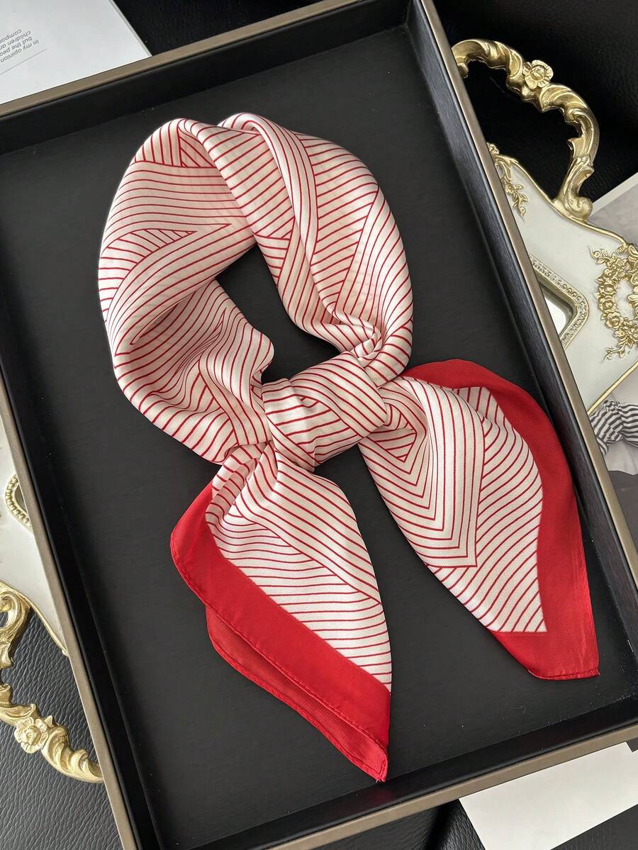 1pc Women's Printed Scarf, Professional Neckerchief, Fashion Headband 70cm Faux Silk Necktie, Suitable For Business Meetings, Casual Outings, Fashionable Street Wear - Red - View 1