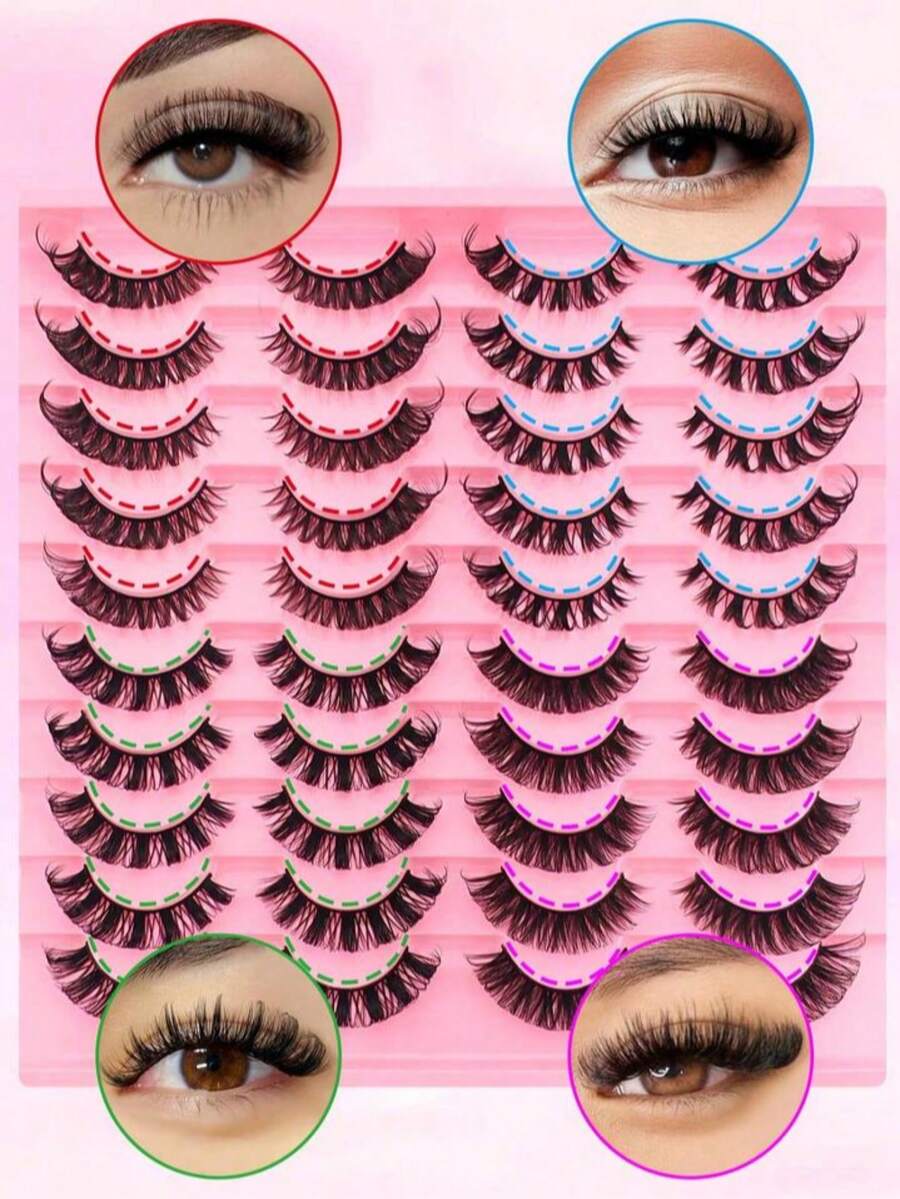 20对4款混合俄式假睫毛，D卷自然妆效16mm卷翘仿貂毛睫毛，蓬松猫眼睫毛延长套装 - 黑色 - 查看 1