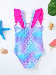 小女童魚鱗圖案荷葉邊連體泳衣 - 彩色 - 查看 2