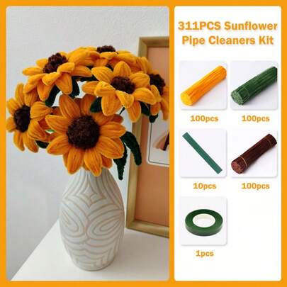 311PCS Pipe Cleaners Craft, 3 Colors Chenille Steams Flower Making Kit, Stems Art And Craft Supplies(No Vases Included)