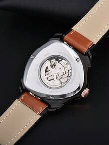 1pc Men's Automatic Mechanical Watch, Black & Gold Contrast, Hollow Triangular Design, Dual-Layer Leather Strap, Personalized Wristwatch For Daily Wear - Multicolor - View 6