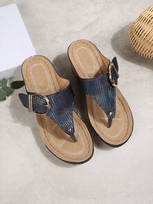 Plus Size Women's Summer New Fashionable Lightweight Comfortable Wedge Thong Sandals, Outdoor Beach Holiday Flip Flops - Bright Blue - View 3