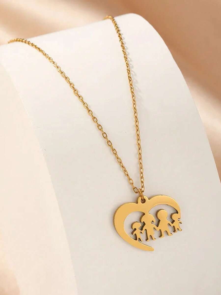 1pc Gold Hollow Heart Family Of Four Necklace, Warm Family Style, Elegant & Women's Jewelry, Suitable For Parent-Child Gift, Daily Wear (OPP Bag Packaging) - Yellow Gold - View 1