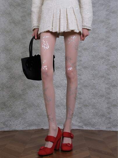 1 Pair Women's Silver Foil Printed Pantyhose, Thin Sexy Tight Summer Stockings, Fashion Versatile For Daily Wear