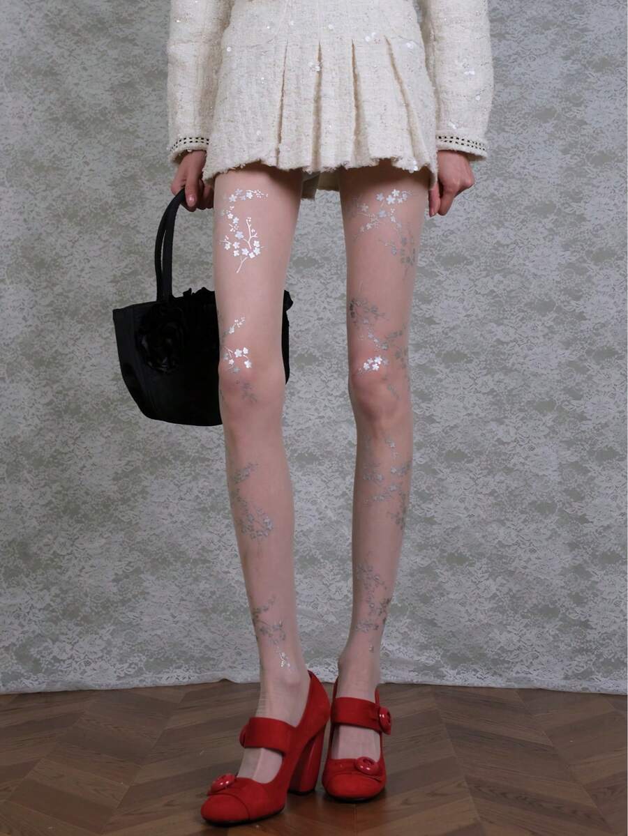 1 Pair Women's Silver Foil Printed Pantyhose, Thin Sexy Tight Summer Stockings, Fashion Versatile For Daily Wear - Apricot - View 1