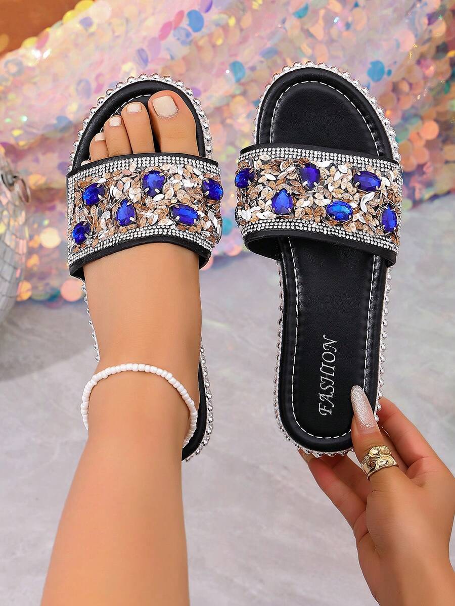 Summer New Rhinestone Thick Sole Slippers, Women's Heavy Embellished Strap Slides, Platform Wedge Sandals - Black - View 1