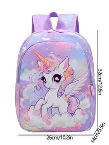 1 pieza Mochila linda con cierre de cremallera de nylon con diseño de unicornio de dibujos animados, adecuada para uso diario - Morado - Ver 9
