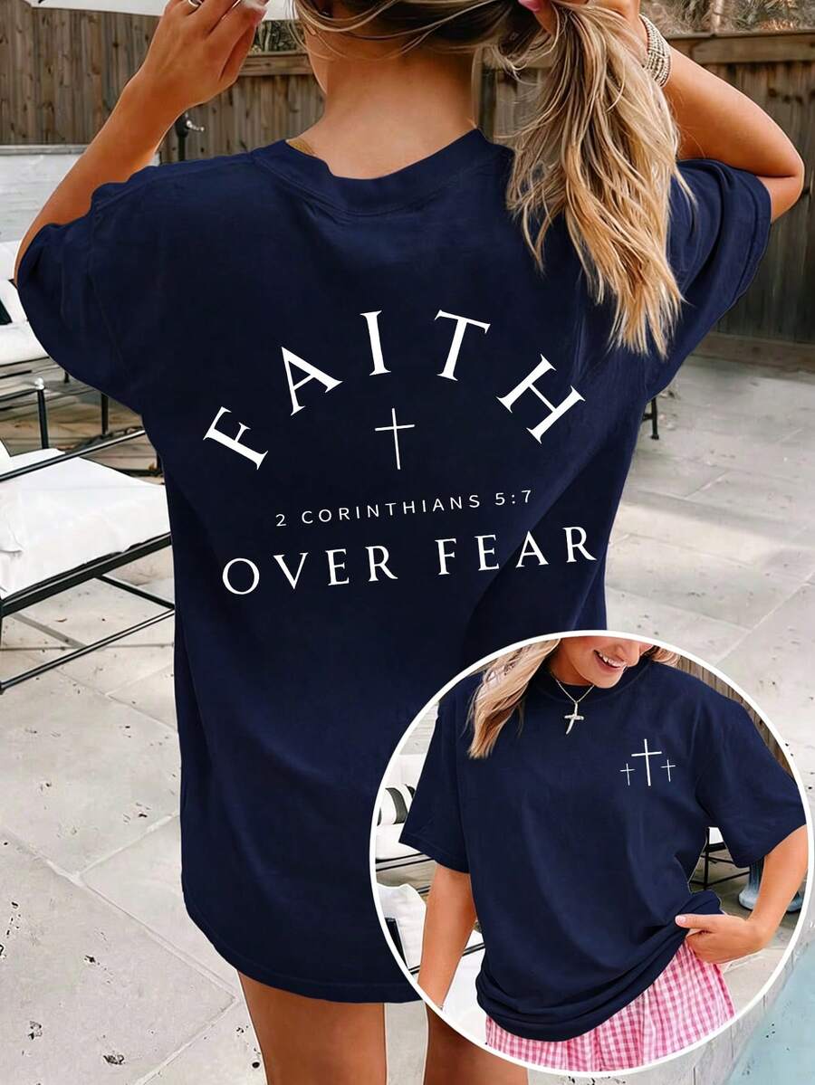 2026 "Faith Overcomes Fear" Christian Inspirational Graphic T-Shirt, Regular Fit, Comfortable Short Sleeve Casual Round Neck Faith Apparel Summer
