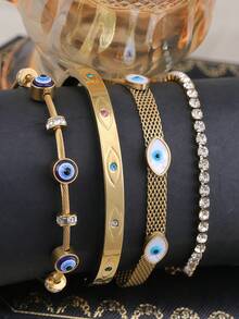 4件套/1件装邪眼叠戴手链套装，女士款 | 18K镀金精致邪眼手镯 | 女士珠宝礼物 - 金色 - 查看 7