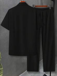 Plus-Size Men's Clothing, Summer Solid Color Casual Sportswear Two-Piece Set, Men's Plus-Size Shirt Set - 黑色 - 查看 4