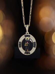 1pc 14K Gold High Quality Death God Pendant Necklace Religious With Rhinestone Inlay For Men Daily Wear,Gift Or Party,Party, Prayer,Easter - Black and Gold - View 7