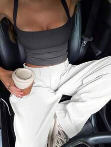 Áo tank top dáng ôm, cổ điển phong cách Y2K, chất liệu gân sọc, kiểu dáng thường ngày, hở lưng, ôm sát, thích hợp cho nữ. - Xám - Xem 4