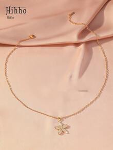 Hihho 1件镶嵌锆石的五瓣花吊坠项链，闪耀的中心宝石，精致的不锈钢链，优雅柔美的气质，适合日常佩戴 - 項鍊 - 查看 7