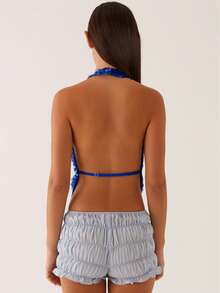 Awevudst Women Halter Neck Sequin Tank Tops Sparkly Glitter Backless Cowl Neck Drape Front Camisoles Plunge Vests Summer Sleeveless Deep V-Neck Party Tops Vacation Beachwear Mermaid Costumes Clubwear - 寶藍色 - 查看 10