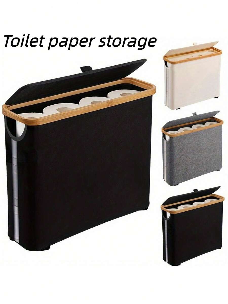 1pc Toilet Paper Storage Box, Tissue Paper Holder, Bathroom Accessory Rack, Foldable Bamboo Frame Tissue Paper Organizer With 4 Support Rods, Non-Slip Base, Suitable For Home, Bedroom, Bathroom, Laundry Basket, Seasonal Bathroom Accessory - Multicolor - View 1