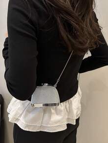 亮金色斜挎包，迷你贝壳包，口红耳机收纳袋，零钱包，链条包，适合派对和宴会场合 - 銀色 - 查看 8