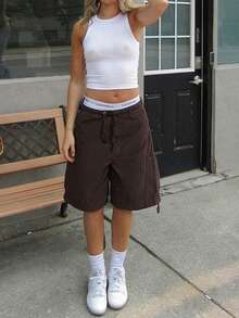 Womens Baggy Mid Jeans Y2k Cargo Jeans Casual Drawstring High Waist Denim Cargo Pants With Pockets Streetwear - 巧克力棕 - 查看 2