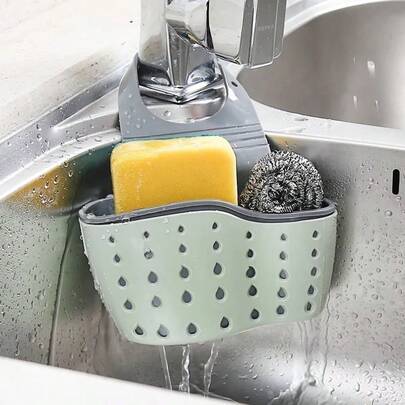 Adjustable Suction Cup Sink Organizer Hanging Bag, Kitchen Faucet Sponge Drain Rack
