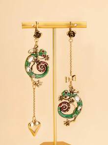 1 Pair Enamel Green Lizard Earrings, Asymmetric Heart Bow Tassel Earrings, Unique Personalized Attractive Accessories - Multicolor - View 7