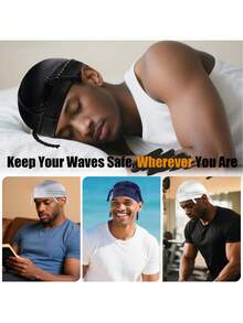 360°波浪帽，透气压缩帽，男士弹性睡眠护发帽（1个），适合编发造型 - 多色 - 查看 5