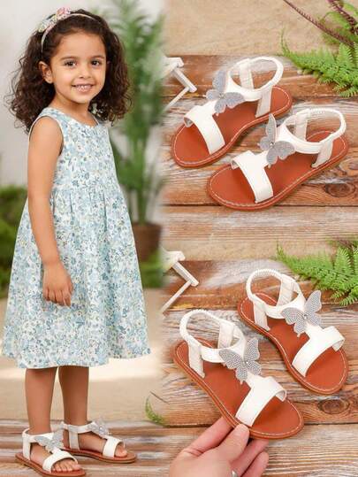 2026 New Shiny White Butterfly Decor Toddler Girls' One-Strap Flat Sandals, Solid Color Non-Slip Rubber Soft Bottom Round Toe PU Children Open Toe Casual Shoes For 3-15 Years Old Girls, Suitable For Daily, School, Performance, Walking, Travel, Party, Spring/Summer