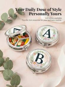 1pc 3-Compartment Portable Pill Case, Polished Metal Material, French Luxury Floral & Letter Print Round Lid Compact Pill Box, Moisture-Proof Carry-On Storage Box, Suitable For Daily Commute, Travel, Elderly, Pregnant Women, Office Workers - one-size - View 2