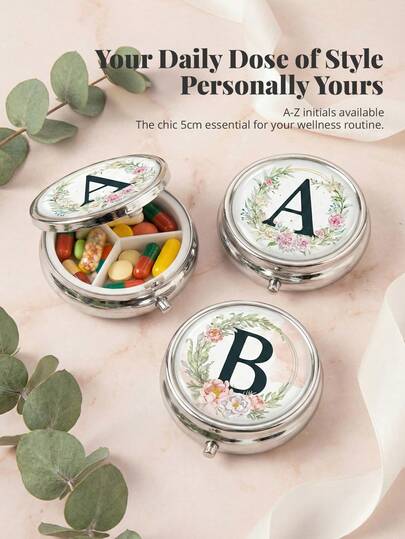 1 pieza Estuche portátil de 3 compartimentos, material de metal pulido, tapa redonda con estampado floral y de letras de lujo francés, caja compacta a prueba de humedad para transportar, adecuada para uso diario, viajes, personas mayores, mujeres embarazadas y trabajadores de oficina