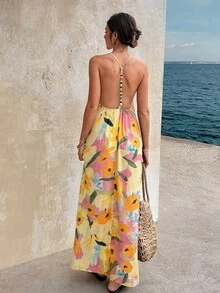 夏季鏤空露背串珠花卉印花細肩帶休閒沙灘度假洋裝 修身優雅 - 彩色 - 查看 3