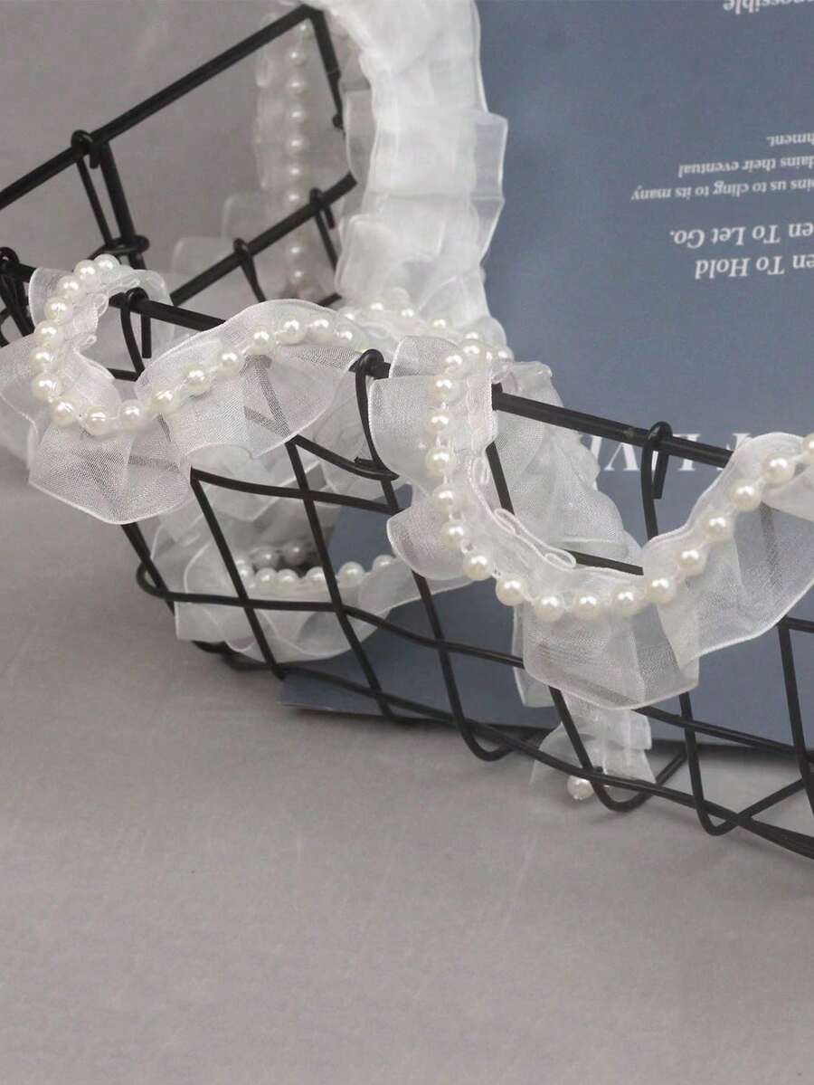 1pc Chiffon Pleated Handmade Beaded Lace Trim, Sleeve Hem Dress Collar DIY Pearl Lace Accessory - White Size 2 - View 1