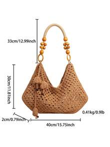优雅度假风镂空钩编单肩包，串珠木柄手提包，大容量复古沙滩度假包 - 卡其色 - 查看 9