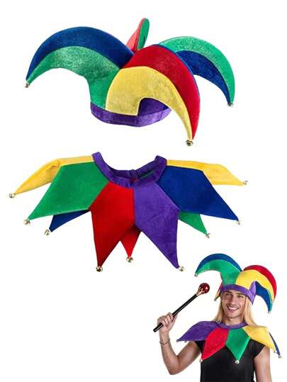 Circus Clown Performance Costume Set, Carnival Hat, Clown King Cape, COS Props, Cute Funny Colorful Bell Hat, King Shawl, Scepter, New Orleans Mardi Gras Patchwork Square Hat + Scarf Set