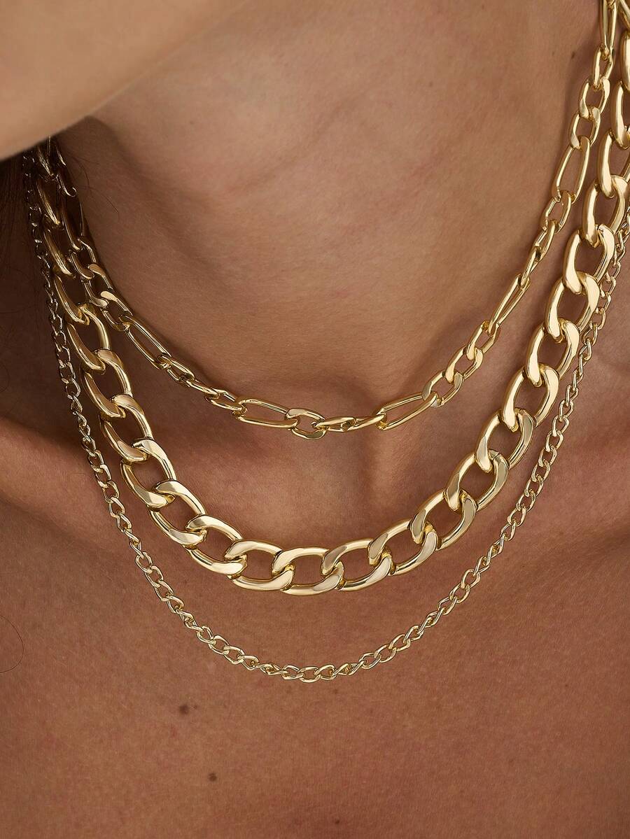 3pcs/Set Gold-Tone Multi-Layer Chunky Chain Necklace Set For Women, Fashionable Punk Hiphop Style Layered Chain Necklaces Gift (Chain, Circle Buckle And Bead Quantity Random)