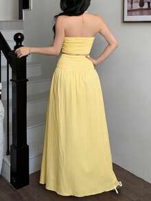 abyoxi Conjunto de 2 piezas de top corto acanalado amarillo limón y falda larga de cintura alta, estilo dulce y casual, ideal para vacaciones románticas, salidas diarias, fiestas, citas, playa, primavera/verano - Amarillo - Ver 2