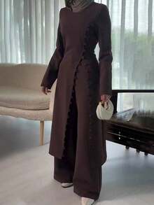 2pcs Women's Elegant Solid Color Top And Pants Set, Casual Commuter Outfit With Slit - Purple - View 2