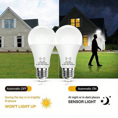 2 bóng đèn cảm biến radar Kasotile 12W, tự động chuyển đổi từ hoàng hôn sang bình minh, đế E26, tương đương bóng đèn sợi đốt 80W, 1000 lumen, ánh sáng trắng lạnh 6000K/trắng ấm 3000K, thích hợp cho chiếu sáng nhà ở, văn phòng, phòng ngủ, khách sạn.